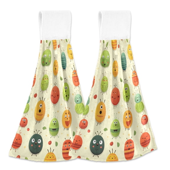 2 Pcs Cartoon Cute Bug Kitchen Hand Towels with Hanging Loops Absorbent Soft Fast Drying Decor Bath Towels