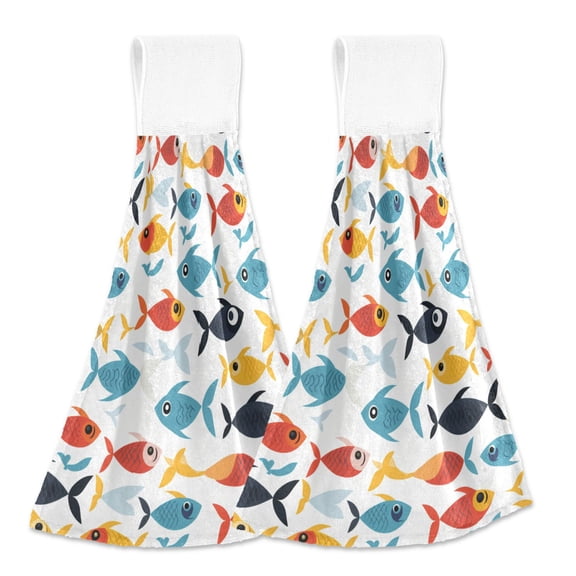 2 Pcs Cartoon Fishes Swimming Kitchen Hand Towels with Hanging Loops Absorbent Soft Fast Drying Decor Bath Towels