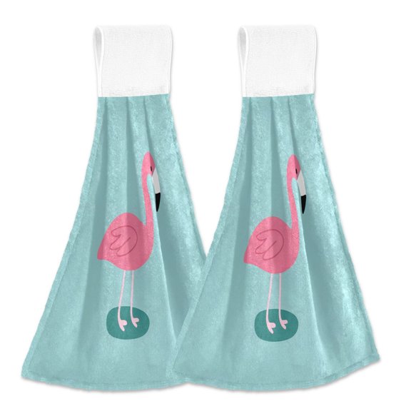 2 Pcs Cartoon Flamingo Kitchen Hand Towels with Hanging Loops Absorbent Soft Fast Drying Decor Bath Towels