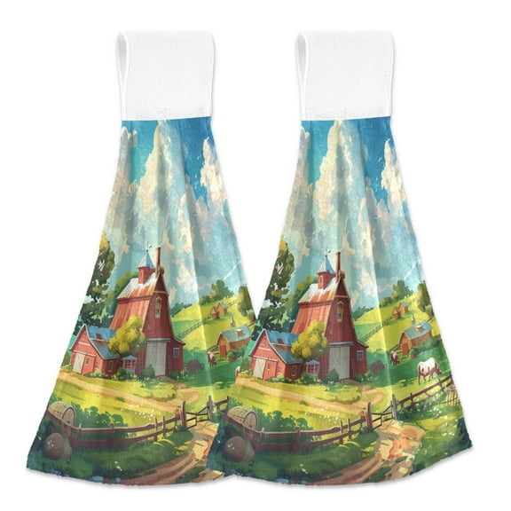 2 Pcs Cartoon House on Farm Kitchen Hand Towels with Hanging Loops Absorbent Soft Fast Drying Decor Bath Towels