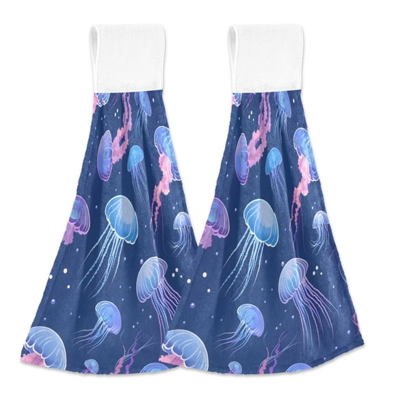 2 Pcs Cartoon Jellyfishes in Sea Kitchen Hand Towels with Hanging Loops Absorbent Soft Fast Drying Decor Bath Towels