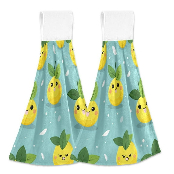 2 Pcs Cartoon Lemon Face Kitchen Hand Towels with Hanging Loops Absorbent Soft Fast Drying Decor Bath Towels