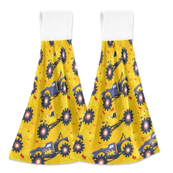 2 Pcs Cartoon Monster Truck Kitchen Hand Towels with Hanging Loops Absorbent Soft Fast Drying Decor Bath Towels