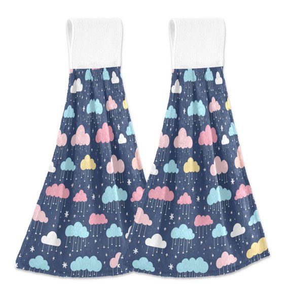 2 Pcs Cartoon Raining Clouds Kitchen Hand Towels with Hanging Loops Absorbent Soft Fast Drying Decor Bath Towels
