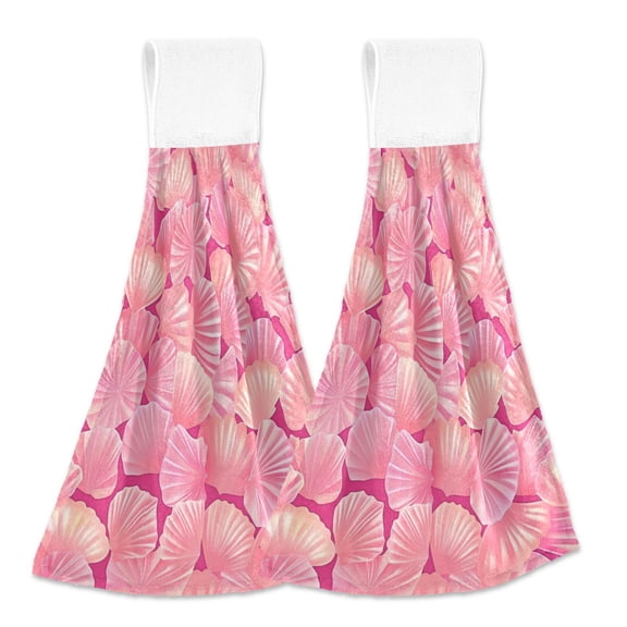 2 Pcs Cartoon Seashells Kitchen Hand Towels with Hanging Loops Absorbent Soft Fast Drying Decor Bath Towels