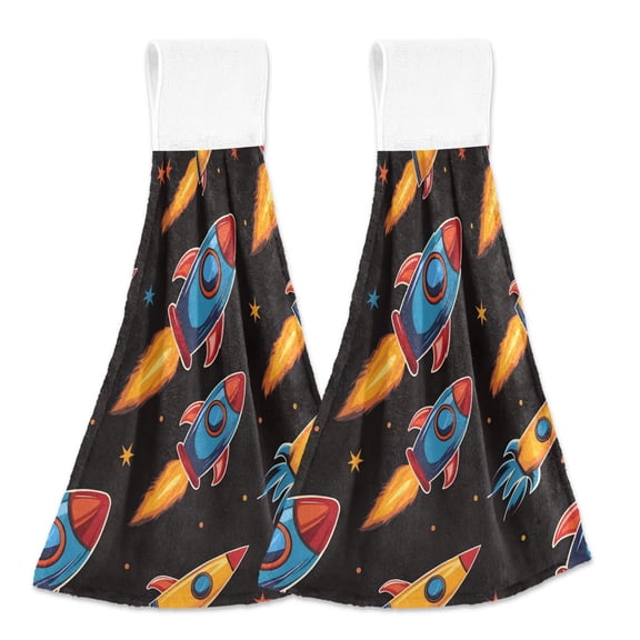 2 Pcs Cartoon Spaceship Rocket Kitchen Hand Towels with Hanging Loops Absorbent Soft Fast Drying Decor Bath Towels