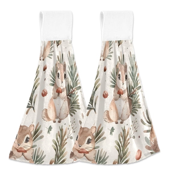 2 Pcs Cartoon Squirrel and Pine Nut Kitchen Hand Towels with Hanging Loops Absorbent Soft Fast Drying Decor Bath Towels