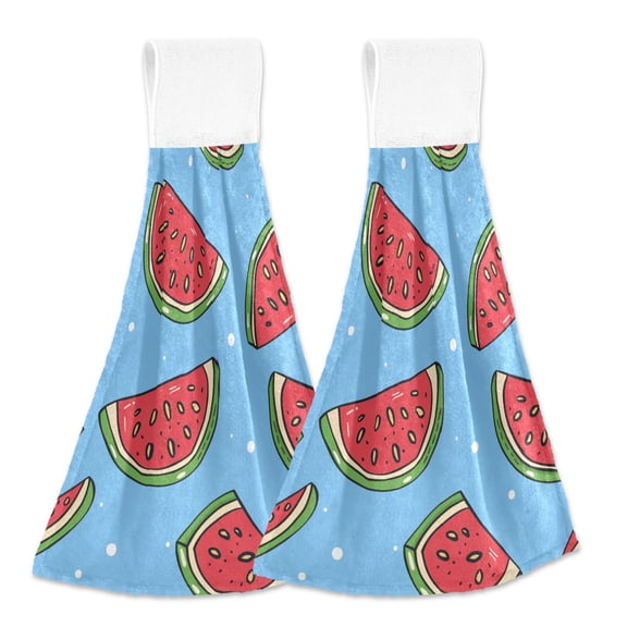 2 Pcs Cartoon Watermelon Slice Kitchen Hand Towels with Hanging Loops Absorbent Soft Fast Drying Decor Bath Towels