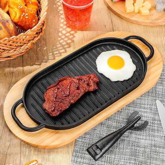 2 Pcs Cast Iron Fajita Skillet Pan Set Sizzling Steak Plate with Wooden Base and Removable Handle Cast Iron Grill Frying Pan for Home Restaurant Kitchen Cooking (12 x 6.3 Inch)