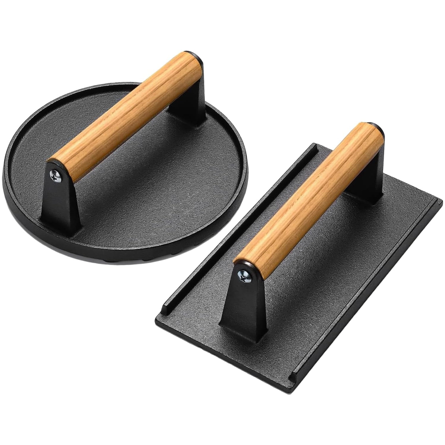 2 Pcs Cast Iron Grill Presses with Wood Handle (Round & Rectangle with