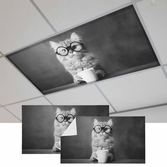 2 Pcs Cat Drinking Coffee Fluorescent Light Covers Funny Animal Magnetic Light Covers for Ceiling Lights 4 x 2 ft Drop Ceiling Lights Cover Shade for Office, Home, Hospital