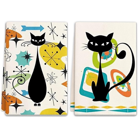 2 Pcs Cat Kitchen Towels Mid Century Modern Cats Kitchen Towels Decorative Set 2 Pack Absorbent Retro Hand Towels Cute Black Cat Tea Towel Dish Towels for Kitchen Bathroom Home Decorations18"x26"