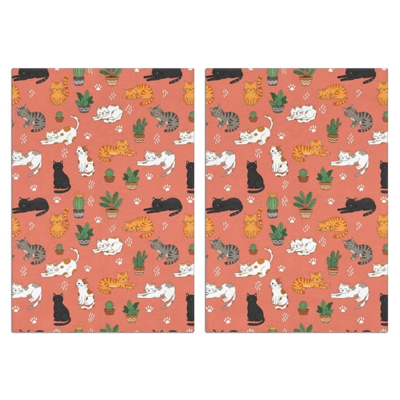 2 Pcs Cat and Potted Plant Coral Pattern Funny Kitchen Towels, Microfiber Dish Towels, Kitchen Tea Towels Set 18" X 26"