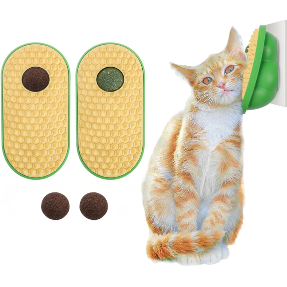 2 Pcs Catnip Toys Balls That Stick on Wall,Cat Toy Ball, Catnip Wall Balls for Cats Lick,Cat Face Scratchers, Cat self Groomer for Indoor Cats, Corner Brush (Yellow)
