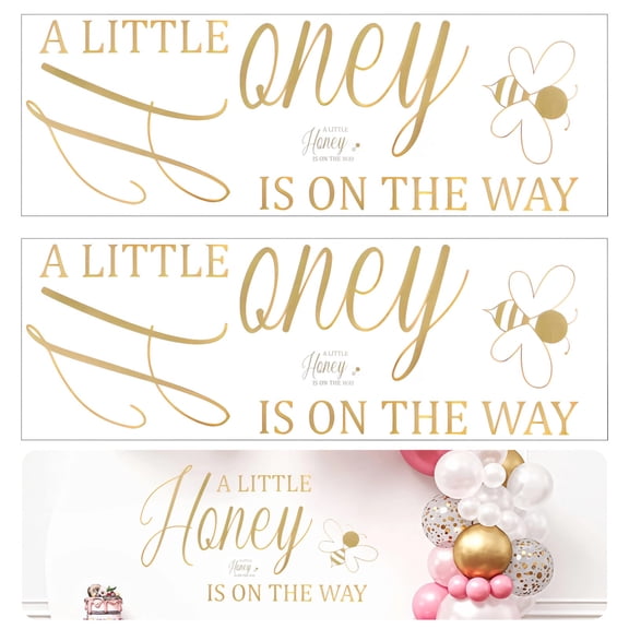 2 Pcs Celebration Shower Decal, Gold Bee Theme, A Little Honey Is On The Way Sign, 35.4 x 11.8 in Arch Backdrop Sticker, Gender Reveal Party Decor