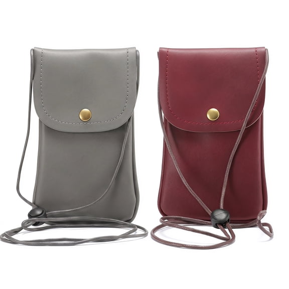 2 Pcs Cell Phone Pouch for Around the Neck Black PU Leather Necklace Holder with Adjustable Lanyard Flip Case and Carrier for Small Travel Purse and Credit Card Holder Hands-Free Mobile Bag
