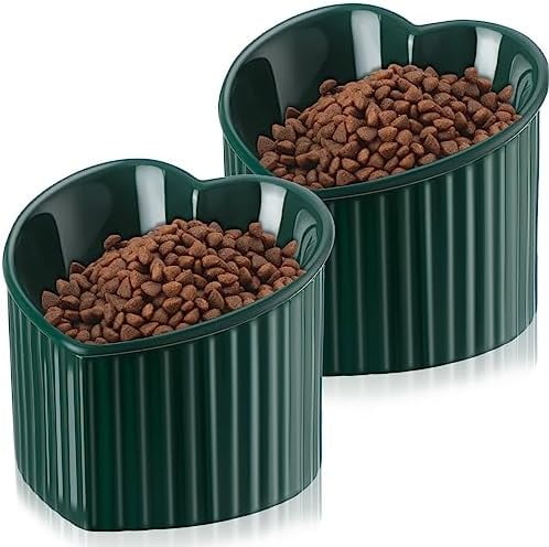2 Pcs Ceramic Elevated Cat Bowls Tilted Elevated Raised Pet Bowls Anti Vomit Cat Dish for Indoor Stress Free Water Dish Feeder for Puppies, Heart Shaped(Peacock Green)