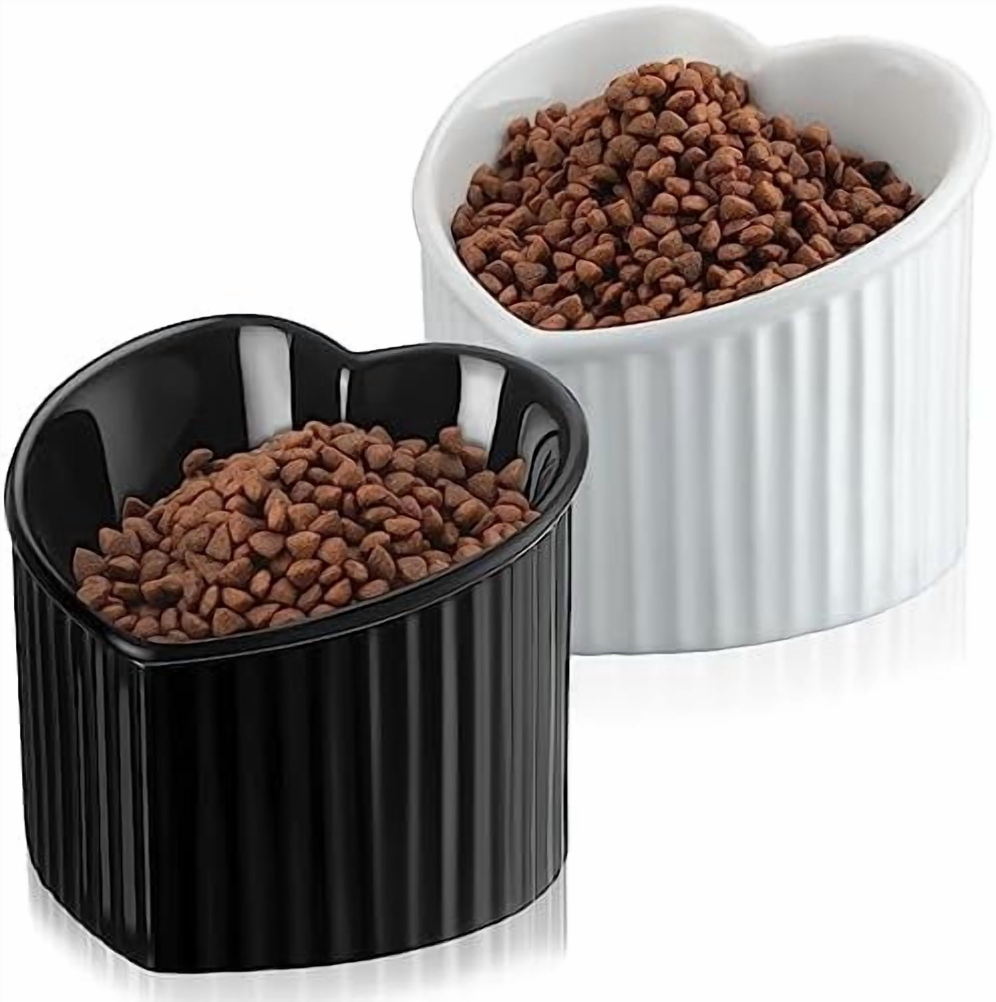 2 Pcs Ceramic Elevated Cat Bowls Tilted Elevated Raised Pet Bowls Anti Vomit Cat Dish for Indoor Stress Free Water Dish Feeder for Puppies, Heart Shaped(Pearly White, Black)
