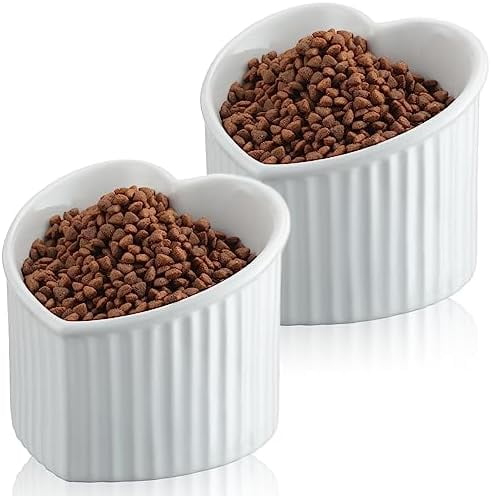 2 Pcs Ceramic Elevated Cat Bowls Tilted Elevated Raised Pet Bowls Anti Vomit Cat Dish for Indoor Stress Free Water Dish Feeder for Puppies, Heart Shaped(Pearly White)