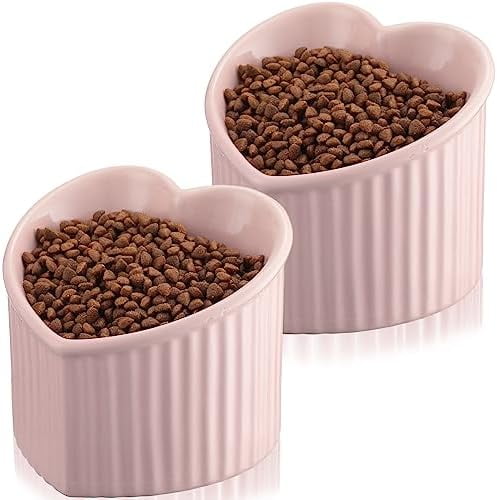 2 Pcs Ceramic Elevated Cat Bowls Tilted Elevated Raised Pet Bowls Anti Vomit Cat Dish for Indoor Stress Free Water Dish Feeder for Puppies, Heart Shaped(Pink)