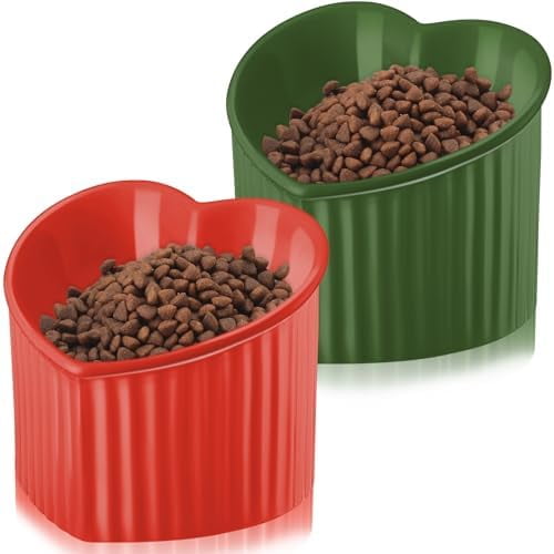 2 Pcs Ceramic Elevated Cat Bowls Tilted Elevated Raised Pet Bowls Anti Vomit Cat Dish for Indoor Stress Free Water Dish Feeder for Puppies, Heart Shaped (Red, Green)