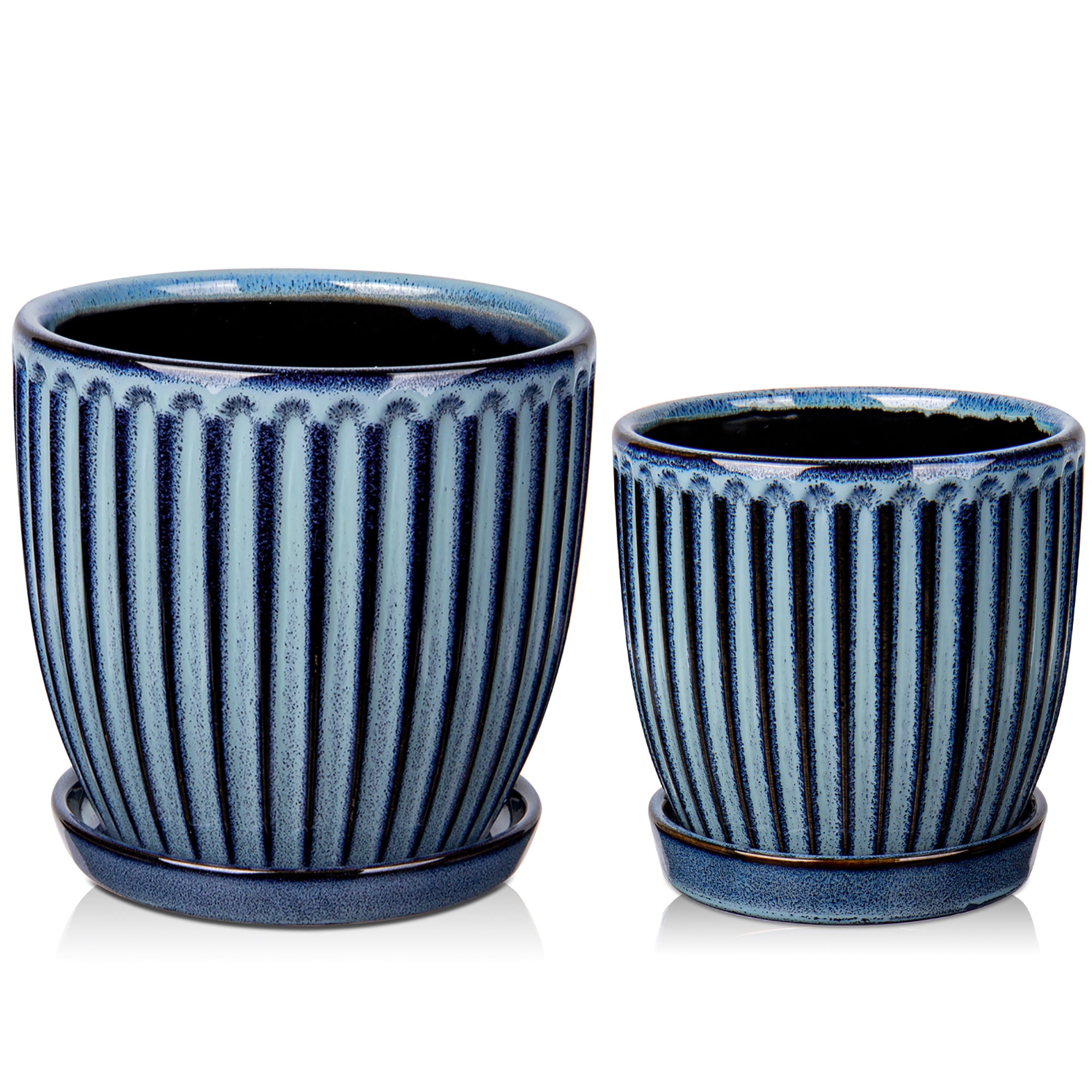 2 Pcs Ceramic Pots 4.9 &5.7 inch Plant Flowers Pots with Saucer and Drainage Holes Blue White Vertical Stripe(Plants are NOT Included)