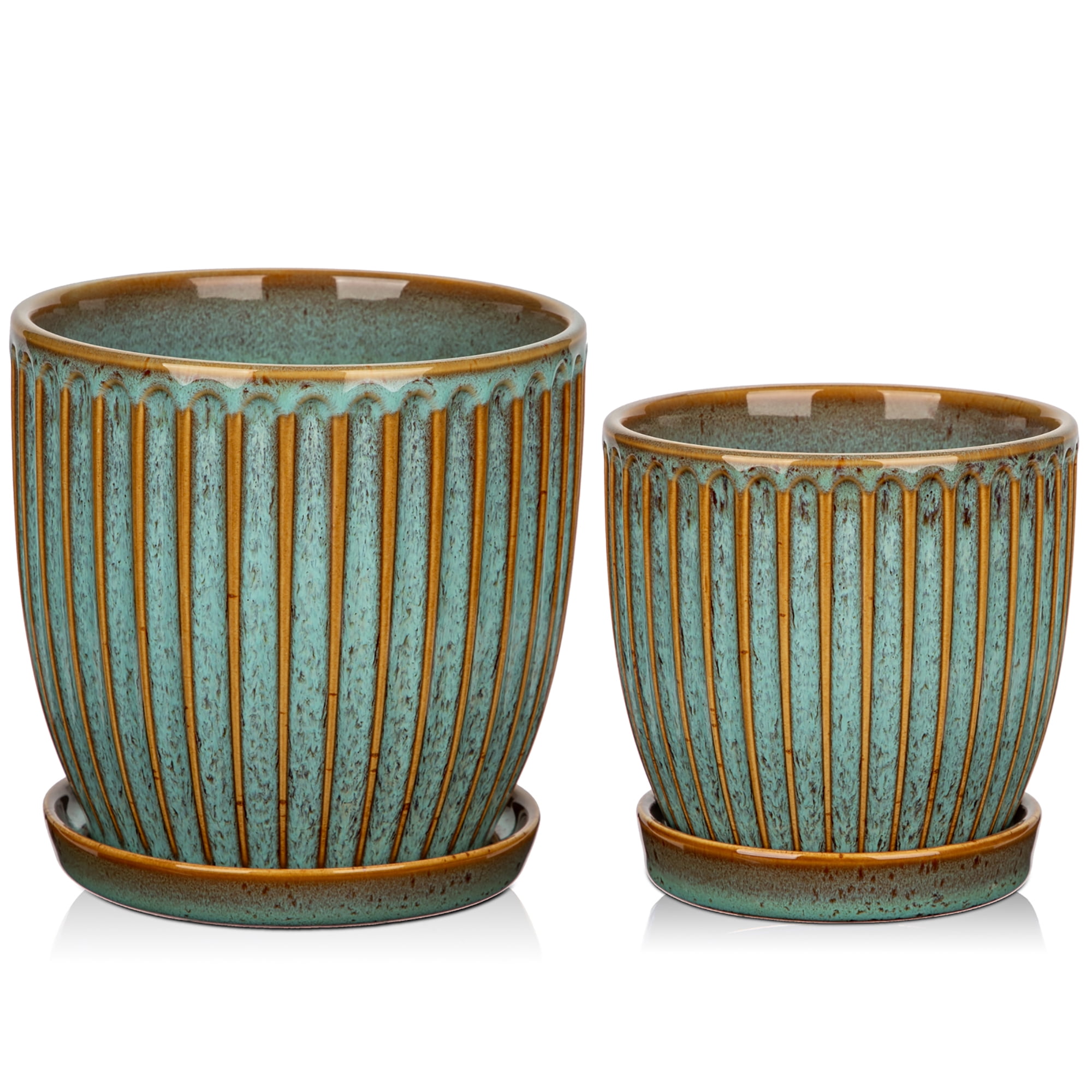 2 Pcs Ceramic Pots 4.9 &5.7 inch Plant Flowers Pots with Saucer and Drainage Holes Blue