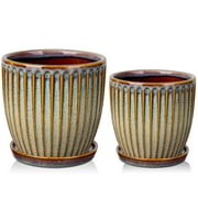 2 Pcs Ceramic Pots 4.9 &5.7 inch Plant Flowers Pots with Saucer and Drainage Holes Brown(Plants are NOT Included)