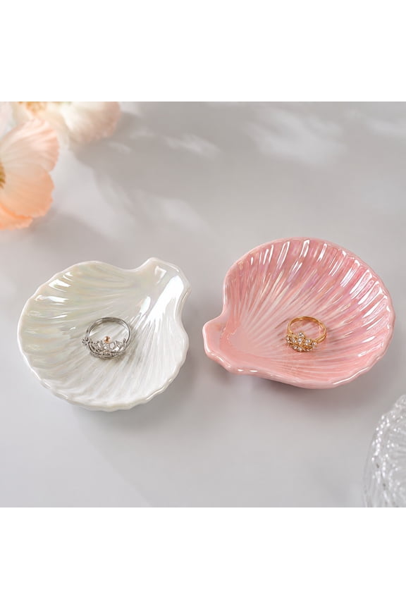2 Pcs Ceramic Shell Jewelry Dish Set, Pink and White Decorative Ring Holder Tray, Coastal Style Trinket Dish for Women, Elegant Jewelry Organizer for Bedroom Bathroom Dresser, Home Decor Gift