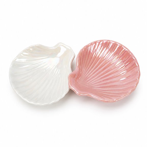 2 Pcs Ceramic Shell Jewelry Dish Trinket Ring Dish, Small Cute Seashell Decorative Tray Bowl, Candy Key Holder Plate for Vanity Bathroom Nightstand, Engagement Wedding Gift Room Decorations
