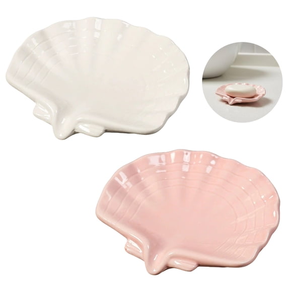 2 Pcs Ceramic Soap Dish Set, Seashell Design in Pink White, Decorative Tray, Quick Drying, 4.9 x 4.1 x 1.4 In for Bathroom Kitchen