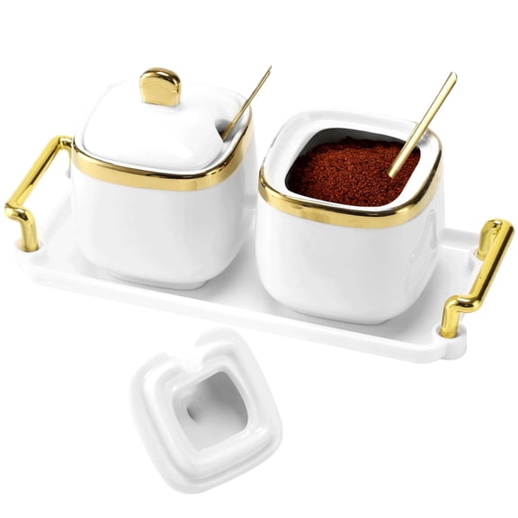 2 Pcs Ceramic Sugar Bowl Set with Tray, 12 oz Spice Container, Salt Bowl with Lid and Spoon, Modern Seasoning Storage Jar for Home and Kitchen, Coffee Bar