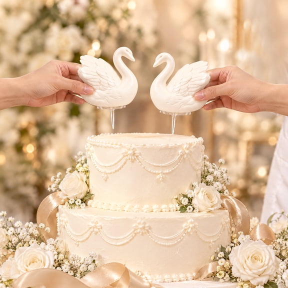 2 Pcs Ceramic Swan Cake Topper Flocked Wedding Cake Toppers Couple Figurine with Anti-Tipping Base