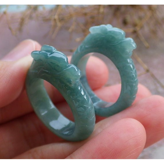 2 Pcs Certified Green Burma 100% Natural A JADE Jadeite Dragon RING USA. 8.25 & 7 RING 666074 TN
