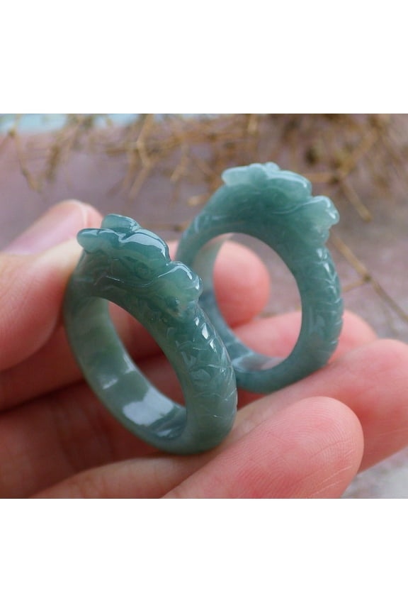 2 Pcs Certified Green Burma 100% Natural A JADE Jadeite Dragon RING USA. 8.25 & 7 RING 666074 TN
