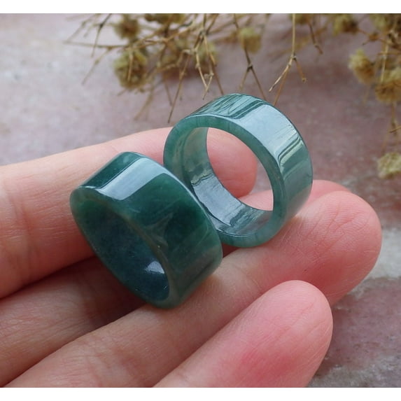 2 Pcs Certified Icy Green Burma 100% Natural A JADE Jadeite Rectangle RING USA. 5.25 & 4.75 RING 662633 TN