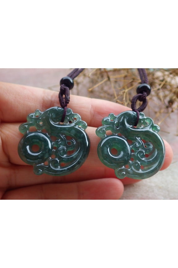 2 Pcs Certified Icy Green Burma 100% Natural A Jade jadeite Pendant Dragon Circle Necklacec 666011 TN