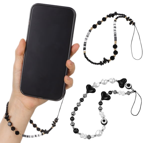 2-Pack Black Phone Charms with Goth Aesthetic Heart Chains and Beaded Lanyards for Mobile Accessories