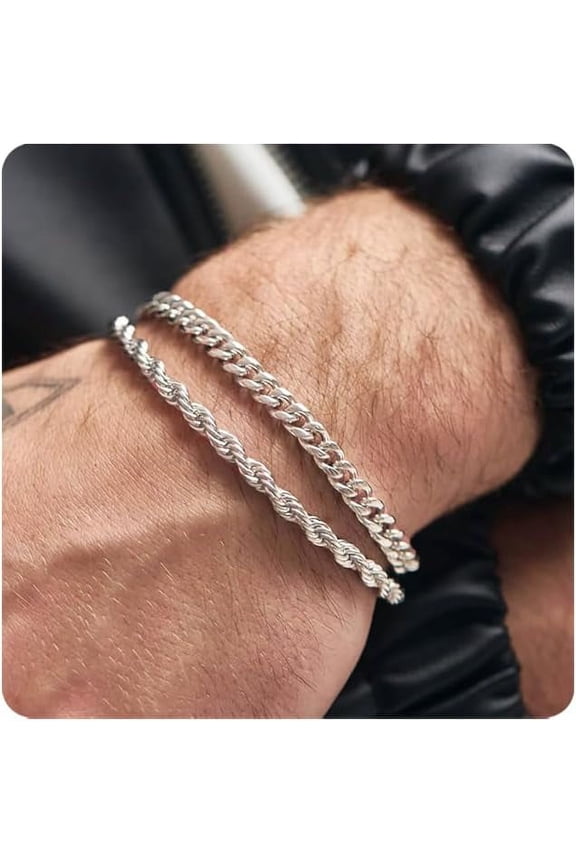 2 Pcs Chain Bracelet for Men,925 Sterling Silver 7-9inch Figaro Rope Cuban Link Bracelet Set,Gifts for Dad, Husband, Boyfriend