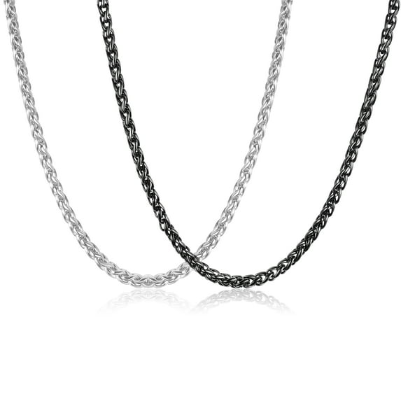2 Pcs Chain Necklace for Men Women, 3mm Stainless Steel Black Silver Wheat Rope Chains for Men Jewelry Gift, Paired with Pendants,16"/18"/20"/22"/24"/26"/28"/30"/32" Inches Chain