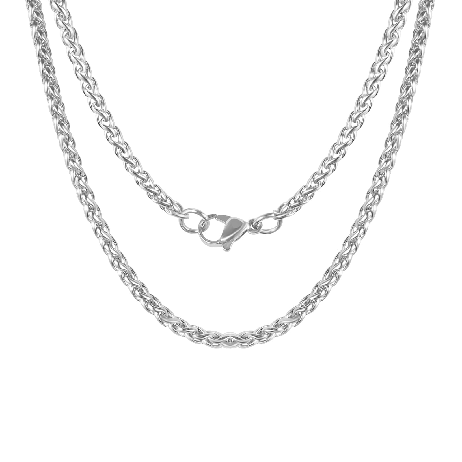 2 Pcs Chain Necklace for Men Women, 3mm Stainless Steel Silver Wheat Rope Chains for Men Jewelry Gift, Paired with Pendants,16"/18"/20"/22"/24"/26"/28"/30"/32" Inches Chain