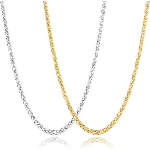 2 Pcs Chains for Men, 4mm Stainless Steel Silver Tone Gold or Black Wheat Necklace Chain for Men Women, 16, 20, 24, 28, 32 Inch
