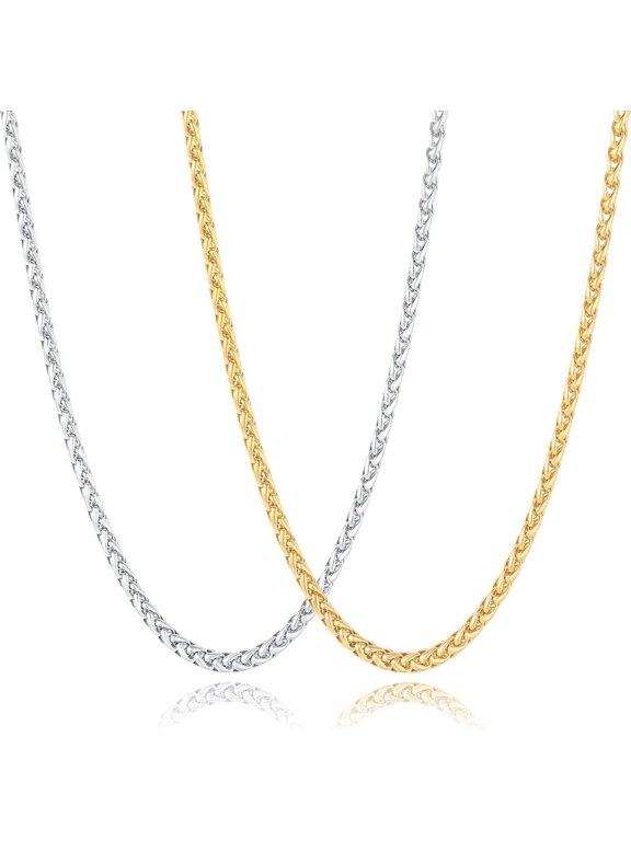 2 Pcs Chains for Men, 4mm Stainless Steel Silver Tone Gold or Black Wheat Necklace Chain for Men Women, 16, 20, 24, 28, 32 Inch