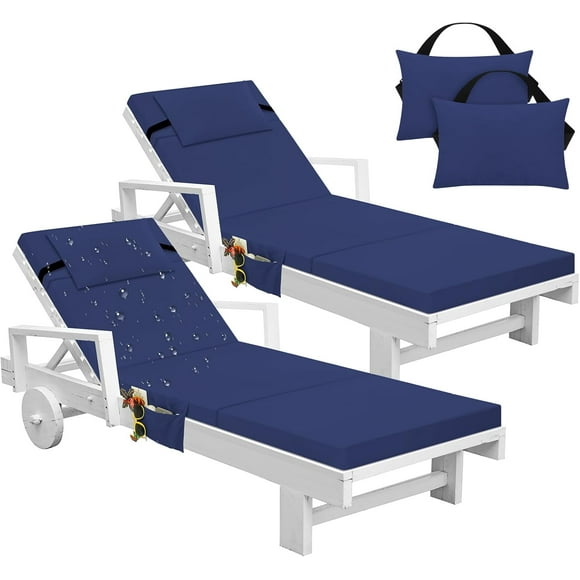 2 Pcs Chaise Lounge Cushions Outdoor with Headrest and Side Pocket Waterproof Chair Cushions Fade Resistant Patio Replacement Cushion Outdoor Furniture Pool 72 x 21 x 3 Inch(Navy Blue)