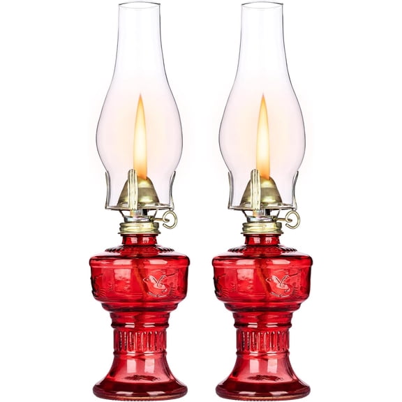 2 Pcs Chamber Oil Lamps for Indoor Vintage Kerosene Lamp Rustic Hurricane Kerosene Lantern with Adjustable Fire Wick Lighting Oil Lantern for Tabletop Decor and Emergency Lighting, 13'' High (Red)