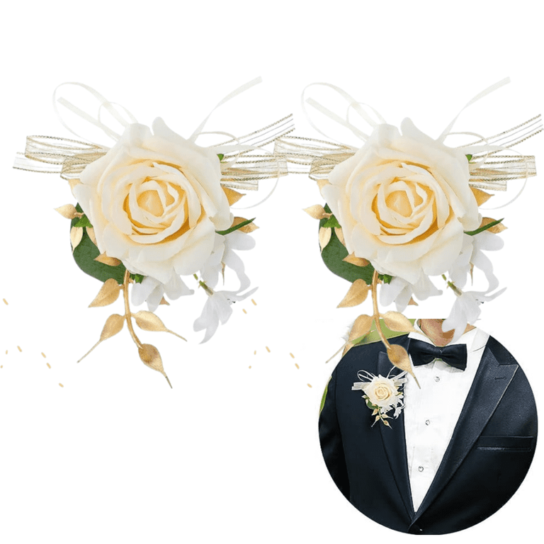 2-Pack Artificial White Rose Boutonnieres For Men | Wedding Groom & Groomsman Lapel Pins With Secure Pins