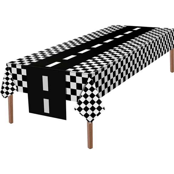 2 Pcs Checkered Car Party Supplies Disposable Tablecloth Plastic Table Cover Black and White Race Runner for Racing Birthday Decor Favor (Black,White) Black, -