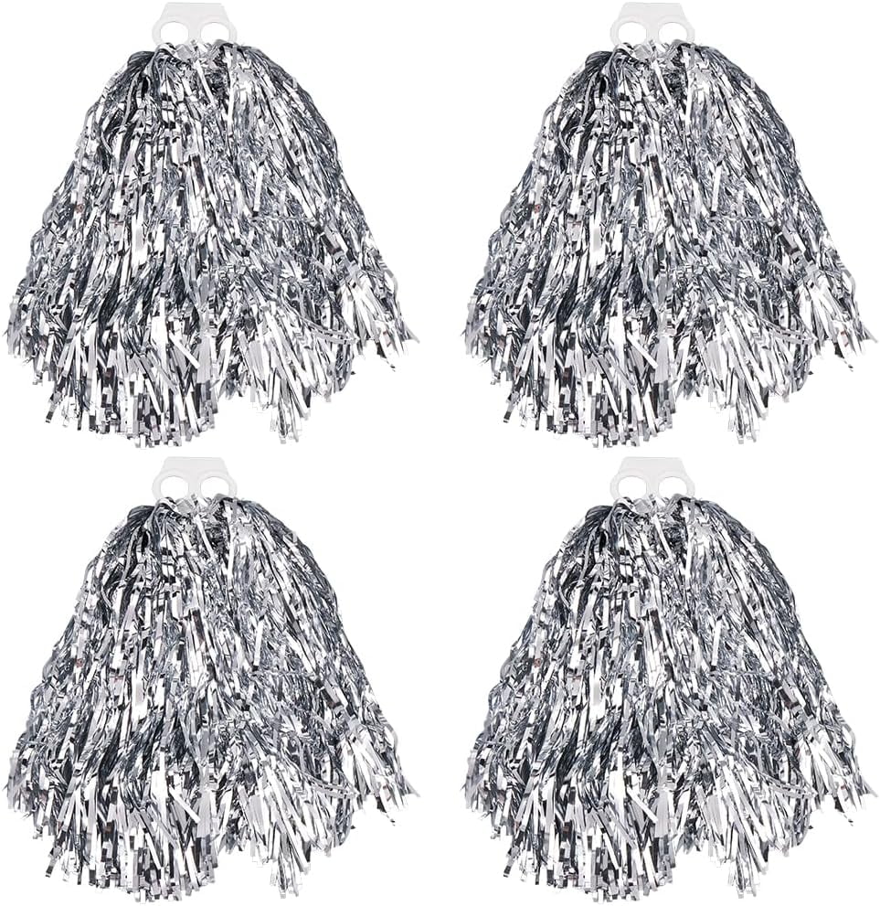 4 Pack Metallic Cheerleading Pom Poms - 12 Inch With Baton Handles, Purple, For Games, Dance, Sports