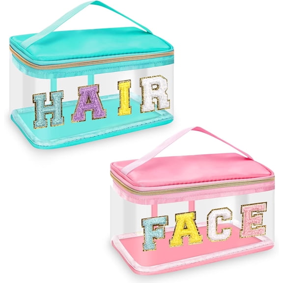 2 Pcs Chenille Letter Clear Makeup Bags FaceHair Pouch, Preppy Patch Travel Face Bag Zipper with Handle, Travel Hair Bags for Hair Stuff Waterproof Cosmetic Toiletry Storage for Women Girl(HAIR+FACE)