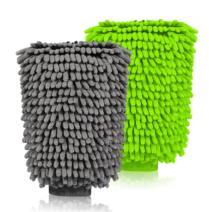 2 Pcs Chenille Microfiber Premium Car Wash Mitt - The Ultimate Scratch-Free Auto Wash Mitt for a Spotless Ride,Gray+Green